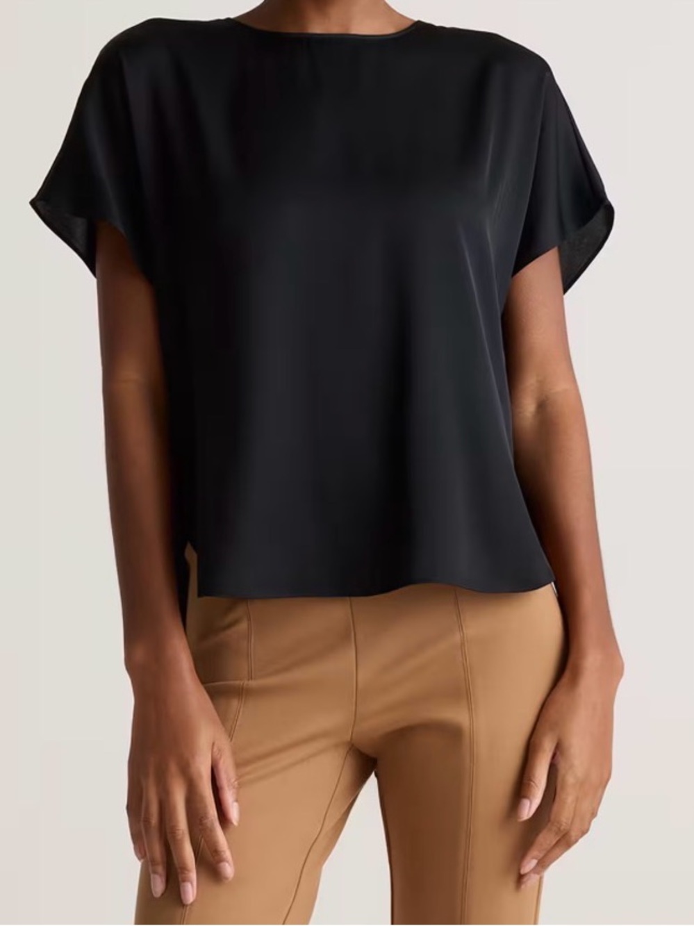 NWT Quince Black Washable Stretch Silk Split Hem Tee Size Large